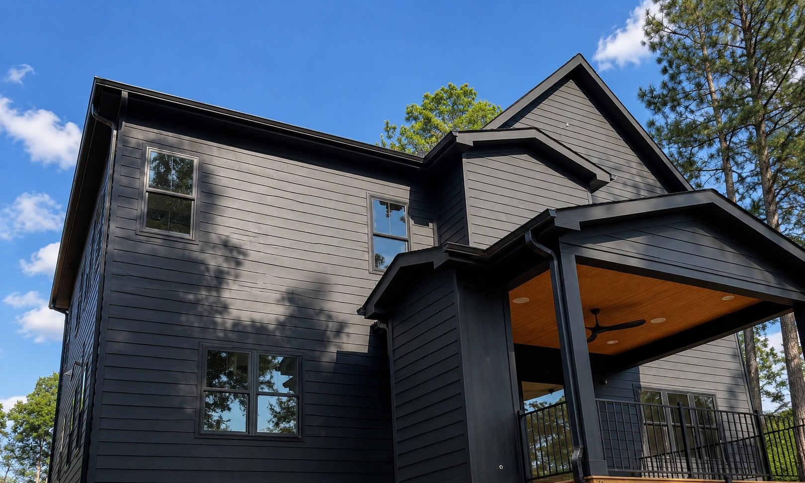 Representative gutter installed along a residential roofline