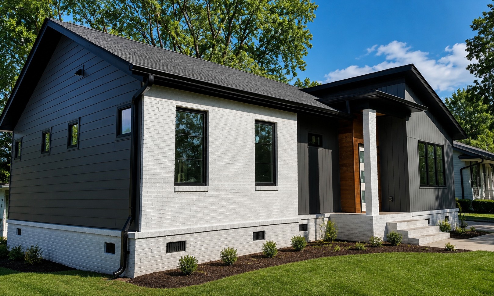 Representative seamless gutter and downspout installation